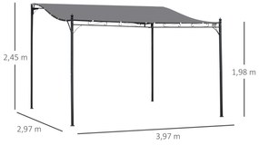 Pérgola de Jardim 4x3m Pérgola Montada na Parede com 16 Orifícios de Drenagem Metal e Poliéster 180 g/m² Resistente Cinza