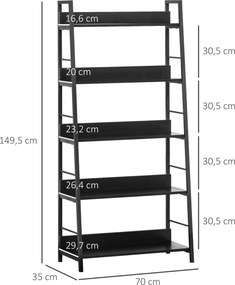 Estante de arrumação em estilo industrial 70 x 35 x 150 cm, inclinada, com 5 níveis , preta