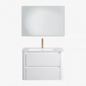 Conjunto De Móvel De Casa De Banho Suspenso 80x50 Cm Em Madeira Com Lavatório Integrado Egerton Branco & Led Retangular E Anti-embaciamento - Sklum