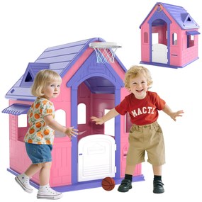 AIYAPLAY Casinha Infantil para Exterior e Interior 3 em 1 Casinha de Jardim com Lançamento de Aros e Basquetebol Casa de Jogos para Crianças de 2-5 Anos 132x118x124 cm Rosa e Roxo