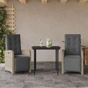 3 pcs conjunto bistrô com almofadões vime PE cinzento claro