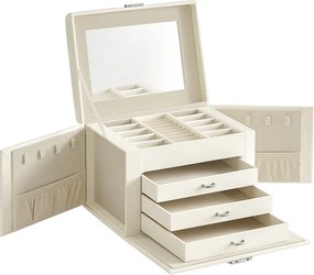 Caixa para joias de 4 níveis 17,5 x 22,5 x 16,5 cm com pega e espelho Branco creme