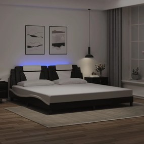 Estrutura cama c/ luz LED 200x200 cm couro artif. preto/branco