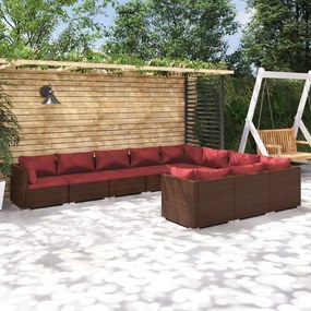 vidaXL 10 pcs conjunto lounge jardim c/ almofadões vime PE castanho