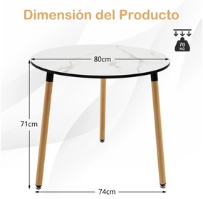 Mesa Lateral Redonda Moderna de 80 x 71 cm com Tampo em Imitação Mármore Branco