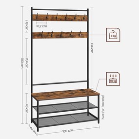 Armario entrada com cabide com 11 ganchos 100 x 40 x 180 cm Castanho Vintage-preto