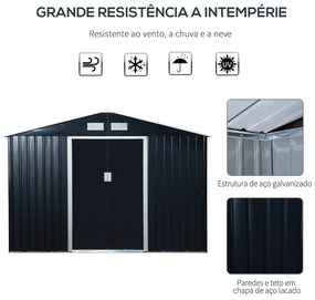 Outsunny Abrigo de Jardim Exterior Abrigo e Jardim Metálico para Armazenamento de Ferramentas com Base Incluída e 4 Janelas 277x195x192cm Cinza Escuro