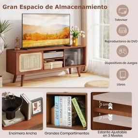 Móvel de TV moderno 120,5 x 31 x 45,5 cm em bambu até 55'' com Portas deslizantes em vime Prateleira Castanho