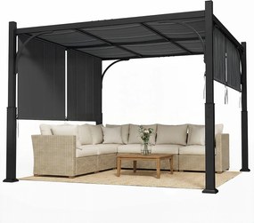 Pérgula de jardim de 3 x 3 m com Tenda deslizante, estrutura metálica, para exterior, cinzento escuro