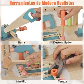 Bancada de trabalho Infantil em madeira com acessórios Estante magnética e arrumação Bancada de ferramentas para crianças 60 x 30 x 79 cm