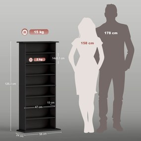 Organizador para CD e DVD com 8 compartimentos e 6 prateleiras ajustáveis, capacidade máxima de 360 CD/185 DVD e Blu-ray, preto