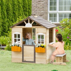 Casa de Jardim de Madeira para Crianças de 3-7 Anos com Janelas 2 Floreiras e 1 Banco 113x94x134,5 cm Madeira