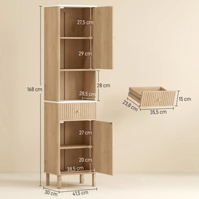 Coluna de casa de banho 41,5 x 30 x 168 cm, móvel de arrumação em coluna com gaveta deslizante silenciosa, 2 portas, cor carvalho