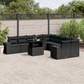11 pcs conjunto sofás de jardim c/ almofadões vime PE preto