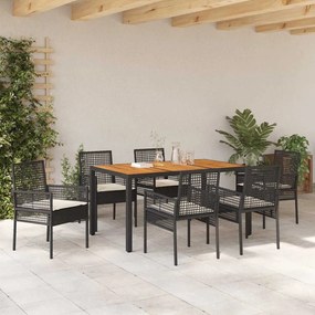 Conjunto de Jantar de Jardim de 7 Peças com Almofadas Preto Rattan Sin