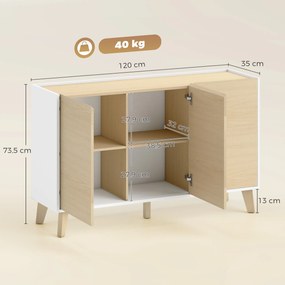 Armário de cozinha 120 L x 35 P x 73,5 A cm, móvel de arrumação de estilo nórdico, 3 portas com fecho suave, 6 compartimentos, cor madeira natural e b