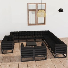 vidaXL 14 pcs conjunto longue jardim c/ almofadões pinho maciço preto