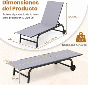 Conjunto de 2 Espreguiçadeiras de Jardim, 190 x 69 cm, Encosto Ajustável em 6 Posições, Cinzento