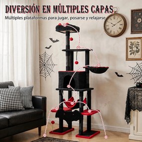 Árvore Rascadora Gótica para Gatos, 73 x 50 x 178 cm, 6 Postes de Sisal, Vermelho+Preto