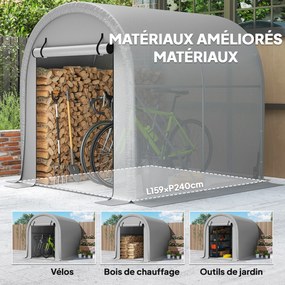 Abrigo de jardim 159 x 240 x 185 cm  Tenda de armazenamento em aço galvanizado e LONA PE anti-UV de 160 g/m² para mota e cortador de relva Cinza claro