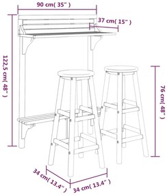 3 pcs conjunto de bar para jardim madeira de acácia maciça
