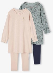 Conjunto de 2 Camisas de Dormir + Leggings às Flores para Menina. rosa-pálido