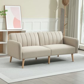 Sofá-cama de 2 lugares, design escandinavo, encosto reclinável em 3 posições, pés de madeira, tecido com efeito de linho bege