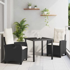 vidaXL Conjunto de jantar de jardim de 3 peças, com almofadas, preto em rattan sintético.