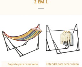 Cama Rede com Suporte Dobrável 2 em 1 com Barra Estrutura de Aço para Jardim 270x100x94 cm Multicolor