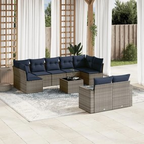 10 pcs conjunto sofás p/ jardim c/ almofadões vime PE cinzento