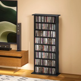 Organizador para CD e DVD com 8 compartimentos e 6 prateleiras ajustáveis, capacidade máxima de 360 CD/185 DVD e Blu-ray, preto