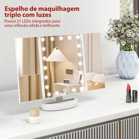 Espelho de Maquilhagem com Luz com Aumento 1x/2x/3x Rotação Livre de 180° 21 Luzes LED 28x12x18 cm Branco