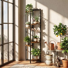 Suporte para Plantas, 42 x 22 x 136 cm, 6 Níveis em Madeira e Metal, Castanho