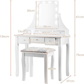 Toucador de madeira e banco com espelho giratório, luzes ajustáveis, 5 gavetas, caixa de armazenamento para quarto, closet branco