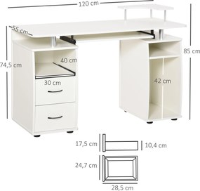 Mesa de Computador com Prateleiras 2 Gavetas Bandeja de Teclado e Suporte para Monitor e CPU 120x55x85 cm Branco