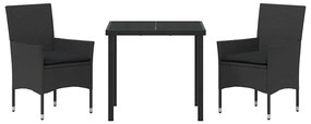 Conjunto de Jantar de Jardim em 3 Peças com Almofadas Pretas em Rattan