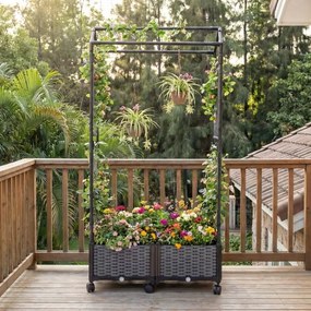 Floreira de jardim 81 x 40 x 162 cm com rega automática, com treliça e rodas bloqueáveis em rattan para plantas trepadeiras, tomates ou flores, cinza