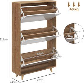 Spateira, Armário para sapatos com 3 portas basculantes e prateleira ajustável, 72 x 24 x 119 cm, em tom natural e branco