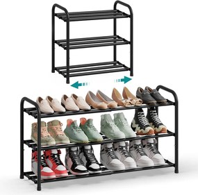 Sapateira extensível com prateleiras ajustáveis 25 x (44,5-82,4) x 47,7 cm, 3 níveis, em metal Preto