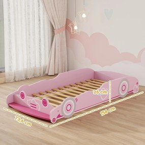 Cama Infantil 70x140 cm em Forma de Carro (COLCHÃO NÃO INCLUIDO) com Barreira de Proteção e Estrado para Crianças de 3-5 Anos Rosa