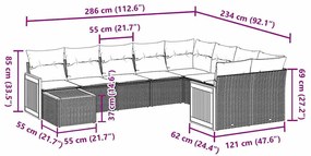 10 pcs conjunto sofás de jardim c/ almofadões vime PE preto
