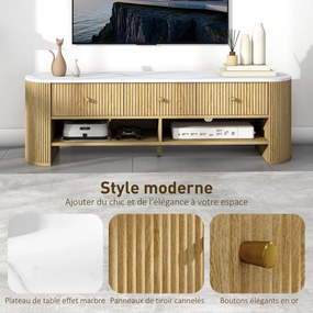 Móvel de TV 140 x 40 x 43 cm, móvel para televisor de 65 polegadas com efeito de mármore, 3 gavetas com frentes caneladas com efeito de madeira natura