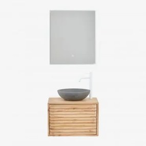 Conjunto De Móveis De Banheiro De Madeira Suspensos Deleyna Madeira Natural & Cimento Cinzento Redondo Ø40 Cm Tarsis & Led - Sklum