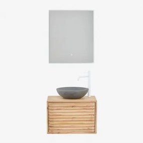 Conjunto De Móvel De Casa De Banho Suspenso 60x45 Cm Em Madeira Deleyna Madeira Natural & Cimento Cinzento Redondo Ø40 Cm Tarsis & Led - Sklum