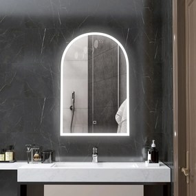 Espelho de casa de banho LED 90 x 60 cm, de parede, 3 cores, moldura arqueada em alumínio, antiembaciamento e interruptor tátil