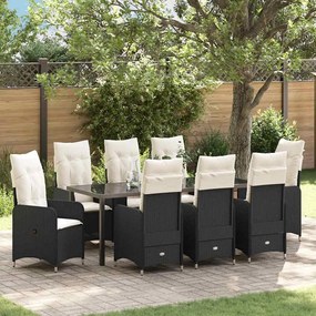 vidaXL Conjunto de Jantar de Jardim com 9 Peças e Almofadas de Rattan Preto