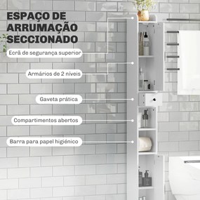 Coluna Casa de Banho com Compartimento Aberto Prateleiras Ajustáveis e Suporte para Papel Higiênico 20x20x185 cm Branco
