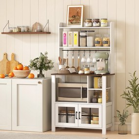 Armário de Cozinha Alto Móvel Auxiliar de Cozinha com 6 Ganchos para Chávenas 2 Portas de Vidro Prateleiras Abertas  80x40x152 cm Branco