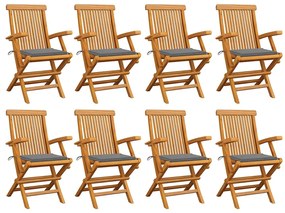 Cadeiras de jardim c/ almofadões cinzentos 8 pcs teca maciça