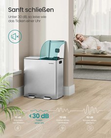 Caixote do lixo 58,5 x 37 x 64 cm com dois compartimentos 30 litros, pedal com fecho suave e baldes interiores prateado metálico